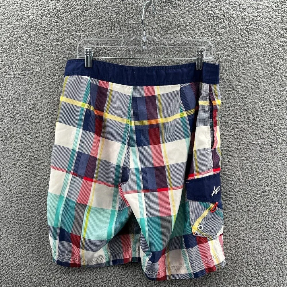 American Eagle Swim Trunks Board Shorts Mens Medium Multicolored Plaid Unlined